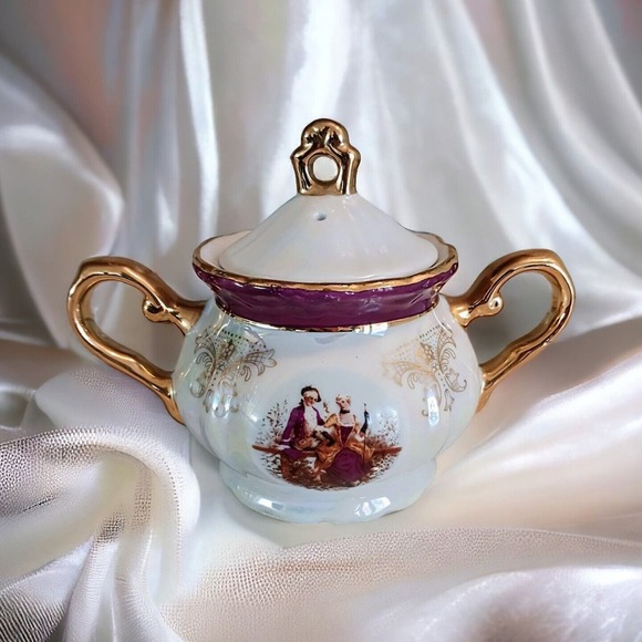 GNA Fine Porcelain Sugar Bowl w Lid 24k Hand Painted Victorian Iridescent Vintag - Picture 2 of 11